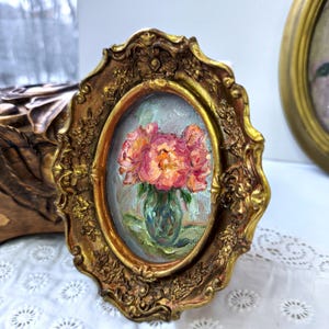 Oljemålning med pioner, konst i vintagestil, blommig stilleben, inramad väggdekor, present till födelsedag bild 9