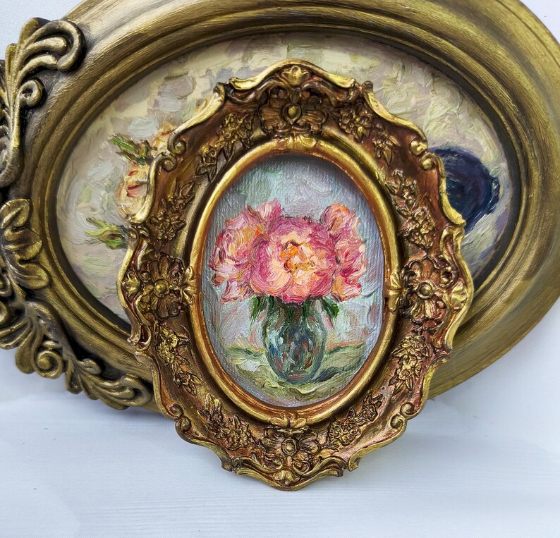 Oljemålning med pioner, konst i vintagestil, blommig stilleben, inramad väggdekor, present till födelsedag bild 5