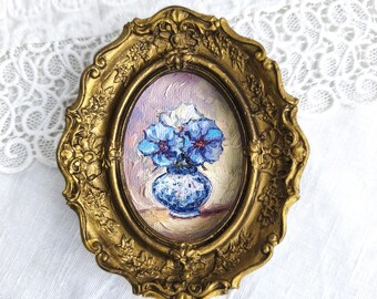 Framed Pansy Oil Painting, Vintage  Style, Floral Still Life, Miniature Art