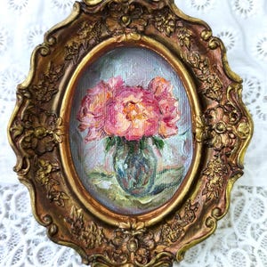 Oljemålning med pioner, konst i vintagestil, blommig stilleben, inramad väggdekor, present till födelsedag bild 10
