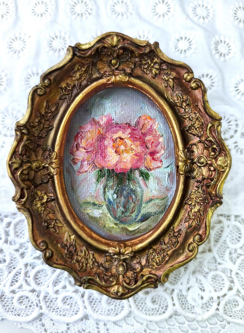 Oljemålning med pioner, konst i vintagestil, blommig stilleben, inramad väggdekor, present till födelsedag bild 10