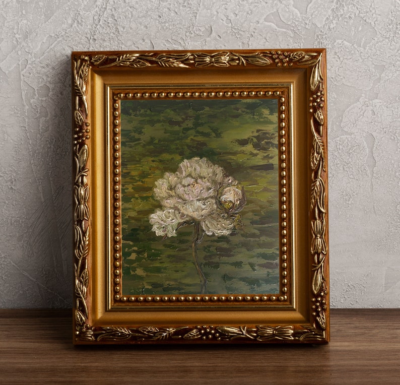 Peinture à l'huile pivoine Style vintage Art pivoine blanche Français décor chambre à coucher peinture originale cadeau de pendaison de crémaillère peinture de fleurs image 1