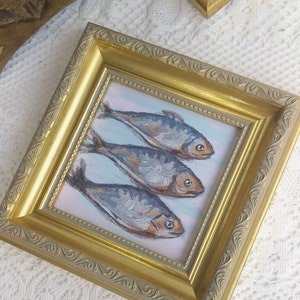 Sardines Painting,Framed Artwork,Kitchen Wall Decor,Fish Painting,Vintage Style Art,Golden Frame,Oil Painting image 9