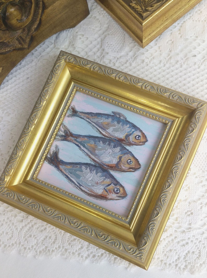 Sardines Painting,Framed Artwork,Kitchen Wall Decor,Fish Painting,Vintage Style Art,Golden Frame,Oil Painting image 9