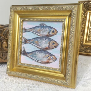Sardines Painting,Framed Artwork,Kitchen Wall Decor,Fish Painting,Vintage Style Art,Golden Frame,Oil Painting image 4