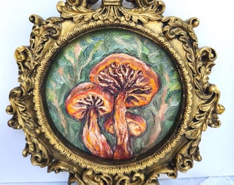 Mushroom Oil Painting, Hand Painted, Woodland Artwork, Vintage Style, Gold Frame, Nature Lover Gift, Cottagecore Decor, Forest Wall Art