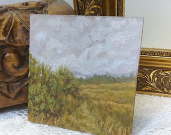 Miniature Field Oil Painting: Countryside Landscape, Farmhouse Wall Art (4x4 inches)