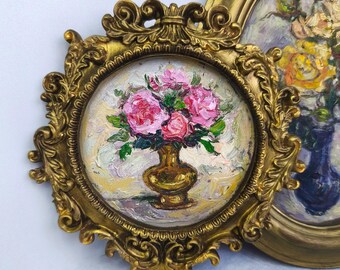 Pionoljemålning, inramade rosa blommor, originalkonstverk, vintagestil, presentväggkonst