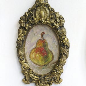 Pintura al óleo de pera, arte de estilo vintage, naturaleza muerta de frutas enmarcada, pintura original, arte de pared de cocina, regalo de inauguración de la casa, decoración de pared de galería