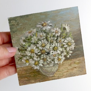 Pintura a óleo de margaridas, arte de flores silvestres, pintura pequena, arte de fazenda, pintura floral a óleo