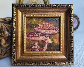 Mushroom Oil Painting: Framed Fly Agaric Original Art
