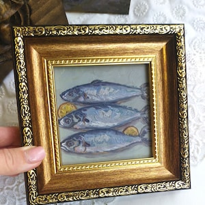 Framed Sardines Oil Painting, Vintage Kitchen Still Life Art