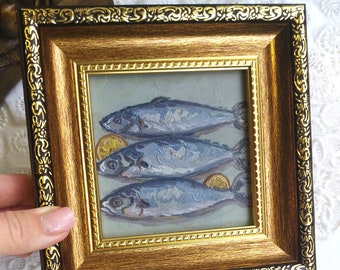 Framed Sardines Oil Painting, Vintage Kitchen Still Life Art