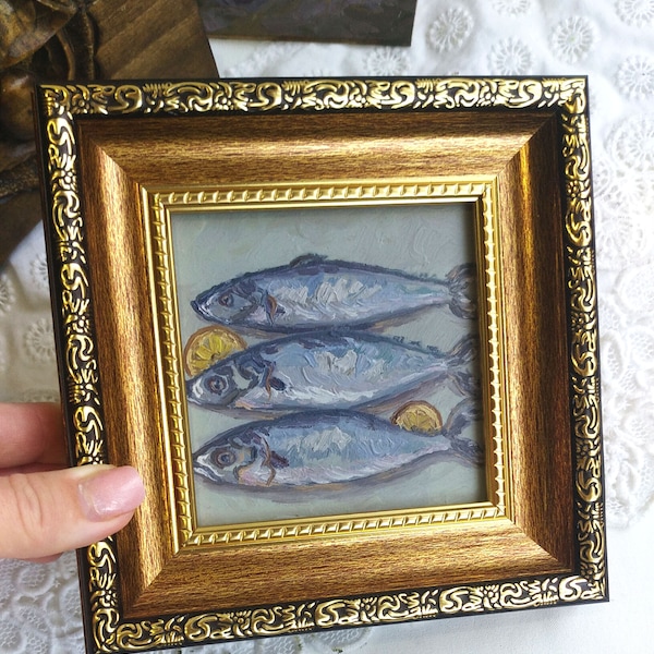 Sardines Painting,Framed Artwork,Kitchen Wall Decor,Fish Wall Art,Oil Painting, Original Art,Gift Painting,New Home Decor