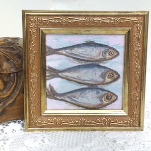 Cuadro de sardinas, obra de arte enmarcada, decoración de pared de cocina, cuadro de peces, arte vintage, marco dorado, pintura al óleo