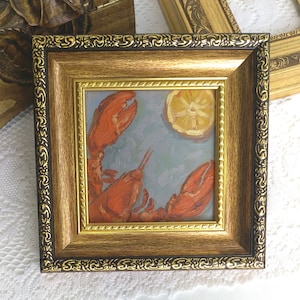 Pintura al óleo de langosta, arte enmarcado, decoración de pared de cocina, pintura de mariscos, obra de arte original, regalo de cocina nuevo, arte de inauguración de la casa
