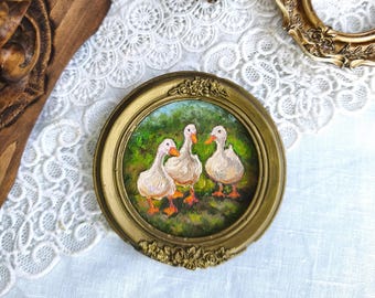 Ducks Oil Painting, Rustic Farm Animals Art, Small Original Painting, Gift Idea, Vintage Style Art