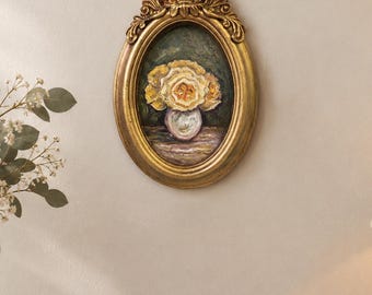 Yellow Roses Oil Painting, Antique Style, Floral Wall Art, Birthday Gift  for Her, Original Artwork, Classic Home Decor,Golden Framed Art