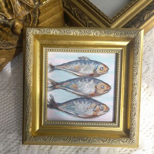 Sardines Painting,Framed Artwork,Kitchen Wall Decor,Fish Painting,Vintage Style Art,Golden Frame,Oil Painting image 6