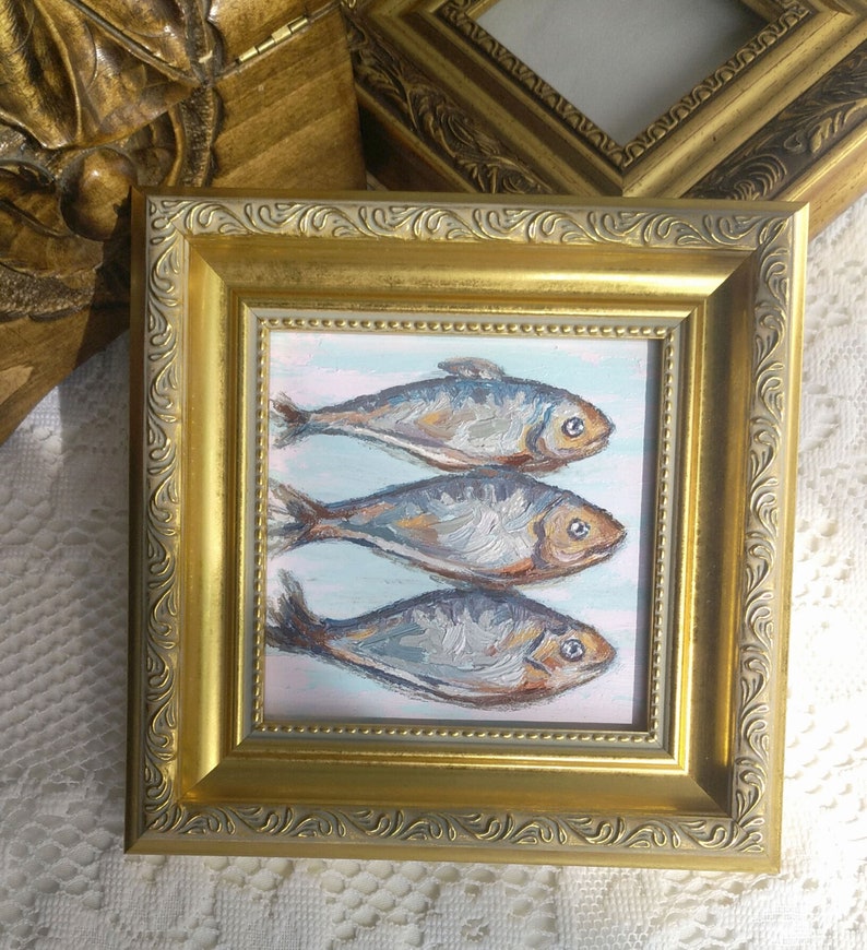 Sardines Painting,Framed Artwork,Kitchen Wall Decor,Fish Painting,Vintage Style Art,Golden Frame,Oil Painting image 6