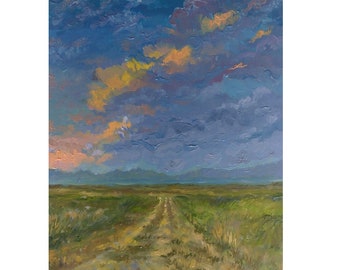 Coucher de soleil, route de campagne, paysage maussade, peinture originale, champ, art mural, nuages, paysage, peinture à l'huile, cadeau de pendaison de crémaillère