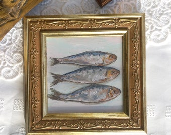 Sardines Painting,Framed Artwork,Kitchen Wall Decor,Fish Painting,Vintage Style Art,Golden Frame,Oil Painting