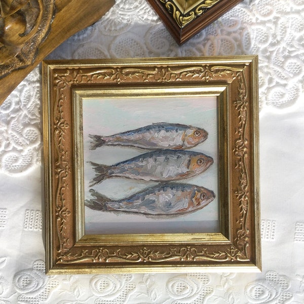 Peinture de sardines,oeuvre d'art encadrée,décoration murale de cuisine,peinture de poisson,oeuvre d'art vintage,cadre doré,peinture à l'huile