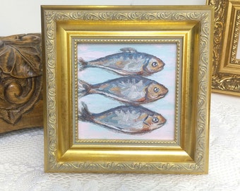 Sardines Painting,Framed Artwork,Kitchen Wall Decor,Fish Painting,Vintage Style Art,Golden Frame,Oil Painting