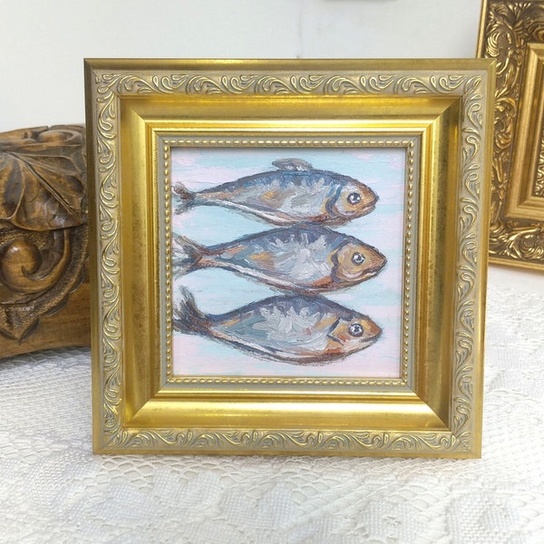 Sardines Painting,Framed Artwork,Kitchen Wall Decor,Fish Painting,Vintage Style Art,Golden Frame,Oil Painting