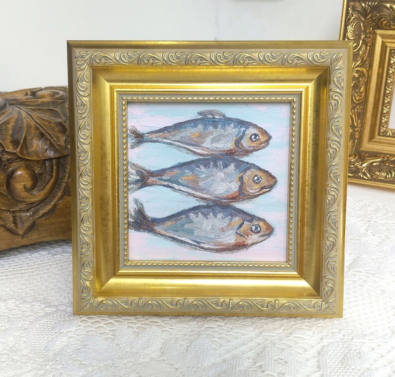 Sardines Painting,Framed Artwork,Kitchen Wall Decor,Fish Painting,Vintage Style Art,Golden Frame,Oil Painting image 1