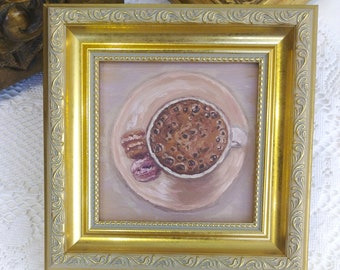 Coffee Cup Painting,Kitchen Wall Art,Oil Painting,Golden Framed Art,Dessert Painting,New Kitchen Gift