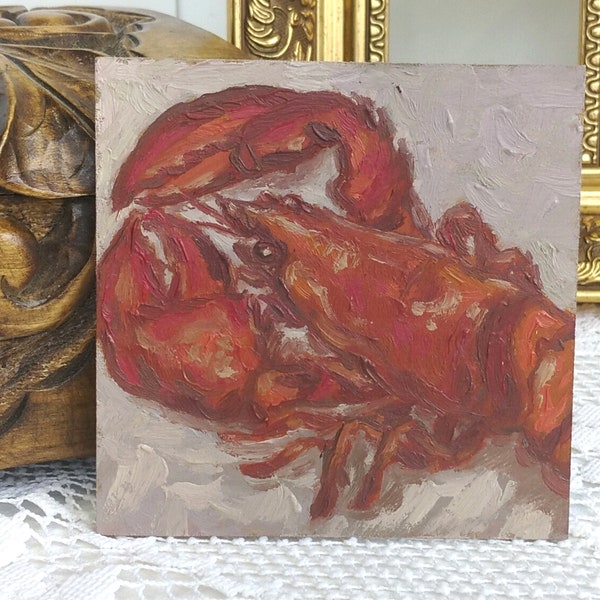 Lobster Painting,Small Artwork,Food Oil Painting,Kitchen Decor,Original Art,Gift Painting,Handpainted Art