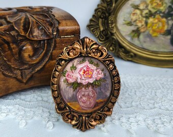 Miniature Peony Oil Painting, Vintage Floral Still Life, Framed Artwork
