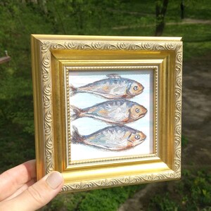 Sardines Painting,Framed Artwork,Kitchen Wall Decor,Fish Painting,Vintage Style Art,Golden Frame,Oil Painting image 3