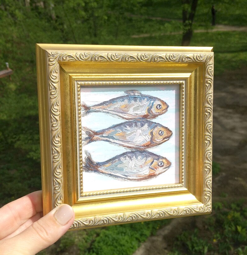 Sardines Painting,Framed Artwork,Kitchen Wall Decor,Fish Painting,Vintage Style Art,Golden Frame,Oil Painting image 3