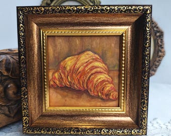 Framed Croissant Oil Painting: Food Still Life, Kitchen Wall Art