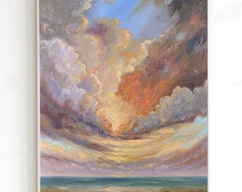 Sunset Oil Painting,Hand painted Art,Seascape Original Painting,Impressionist Art,Clouds Landscape Wall Art Original,Gift Painting