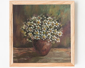 Gänseblümchen-Ölgemälde, Blumenstillleben, Originalkunst, Wildblumen, Geschenkgemälde, Kunst im Vintage-Stil, Landschaftsgemälde