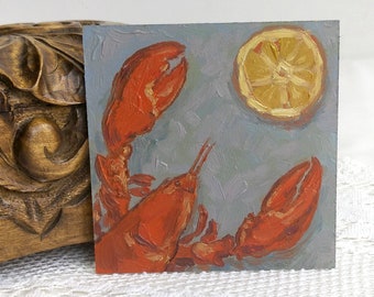 Lobster and Lemon Oil Painting,Original Artwork,Small Painting,Kitchen Wall Art,Miniature Painting,Unframed Art