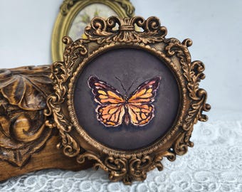 Cuadro al óleo de mariposa, marco vintage, obra de arte original, estilo antiguo, decoración de pared para dormitorio, regalo para mamá.