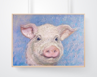 Peinture originale de porc, peinture d'animal de ferme, art mural de porc, art de la ferme de porcs, peinture à l'huile de porc rose, peinture de campagne, peinture de porc