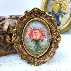 Oljemålning med pioner, konst i vintagestil, blommig stilleben, inramad väggdekor, present till födelsedag bild 1