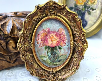 Peonies Oil Painting,Vintage Style Art, Floral Still Life, Framed Wall Decor, Gift For Birthday
