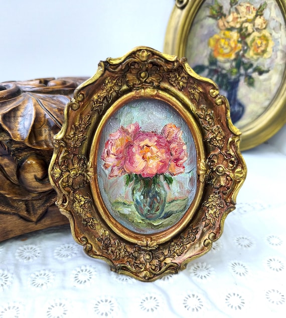 Peonies Oil Painting,Vintage Style Art, Floral Still Life, Framed Wall Decor, Gift For Birthday