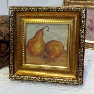 Pintura al óleo de frutas, arte original de pera, decoración de pared de cocina, pintura enmarcada, arte de estilo vintage, pintura campestre francesa