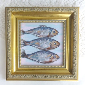 Sardines Painting,Framed Artwork,Kitchen Wall Decor,Fish Painting,Vintage Style Art,Golden Frame,Oil Painting image 10