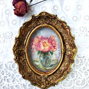 Oljemålning med pioner, konst i vintagestil, blommig stilleben, inramad väggdekor, present till födelsedag bild 6