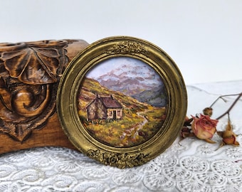 Scottish Cottage Oil Painting, Mountains Landscape, Framed Miniature Art, Scotland Lover Gift