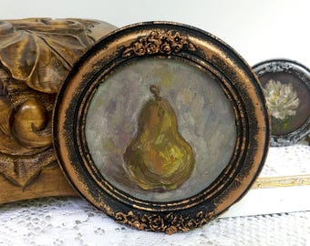 Pear Oil Painting, Vintage Style Art, Kitchen Gift, Small Round Painting, Original Artwork, Framed Decor