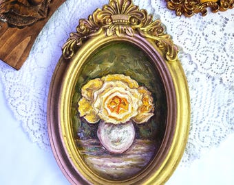Yellow Roses Oil Painting, Antique Style, Floral Wall Art, Birthday Gift  for Her, Original Artwork, Classic Home Decor,Golden Framed Art